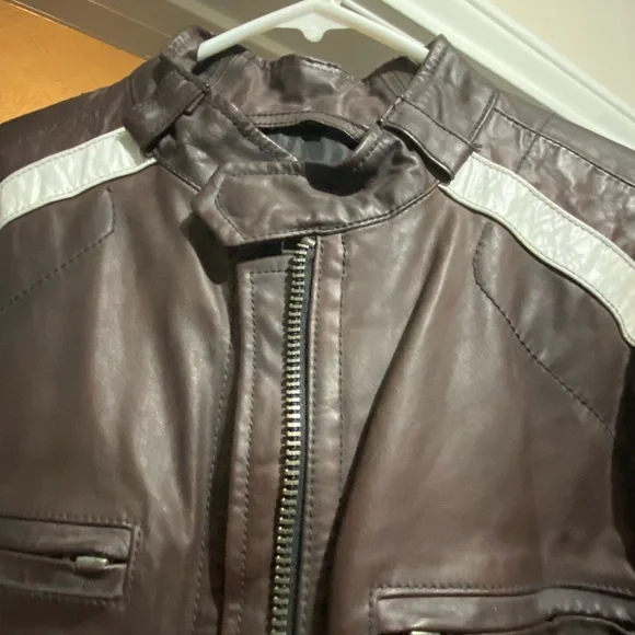 Men's Brown Leather Jacket with White Racing Stripes